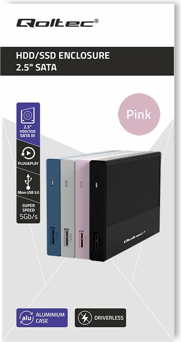 Kasë Qoltec 2.5" për SSD/HDD, USB 3.0, 2TB, Rozë