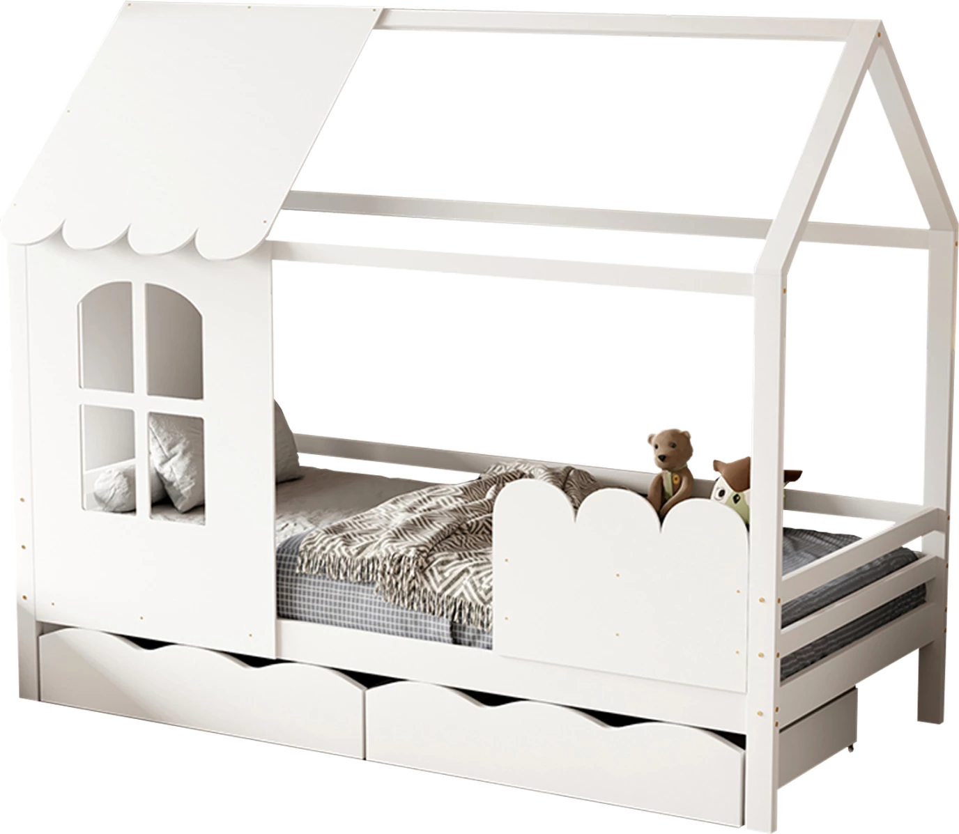 Krevat fëmijësh Montessori me 2 sirtarë DOMER FH710.03, dru pishe, ngjyrë e bardhë, dyshek 90x190cm