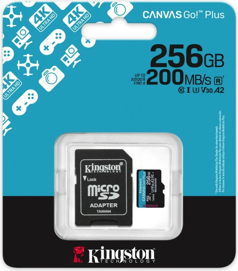Kartelë memorie Kingston Canvas Go! Plus 256GB microSD me adapter SD