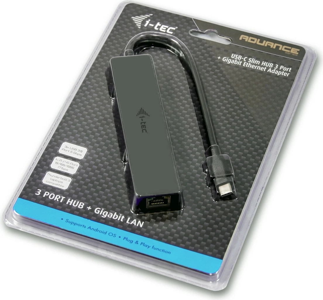 Kasë USB-C i-tec C31GL3SLIM me 3 porta USB dhe Gigabit Ethernet, e zezë