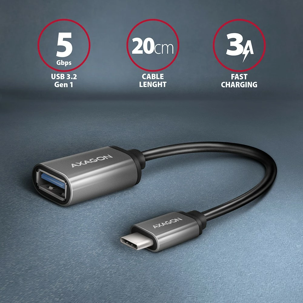 Adapter kabllo AXAGON RUCM-AFAC USB-C në USB-A, 0.2m, 3A, Gri