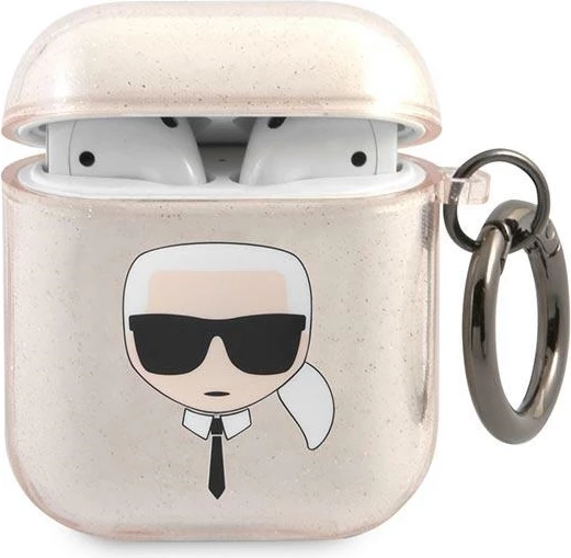 Mbështjellës Karl Lagerfeld KLA2UKHGD për AirPods 1/2, Glitter Karl`s Head, Gold