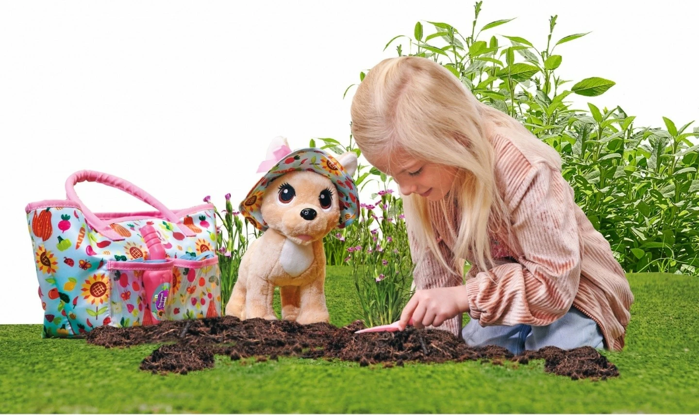 Lodër pelushi Chi Chi Love Puppy Mascot Happy Gardener me çantë dhe 6 aksesorë, shumëngjyrëshe