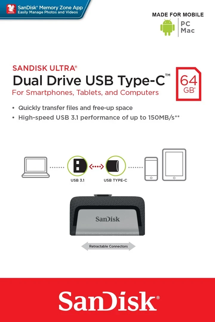 USB Flash SanDisk Ultra Dual Drive, 64 GB, USB Type-A / USB Type-C, Zi