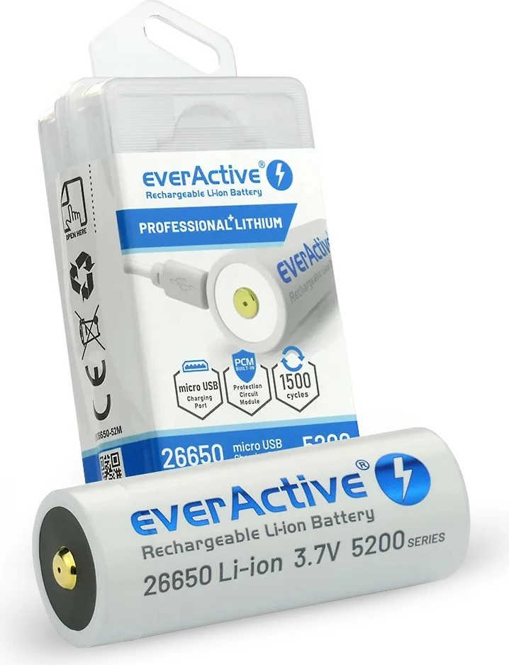 Bateri rikarikueshme Li-ion everActive 26650, 5200 mAh, 3.7V, me micro USB
