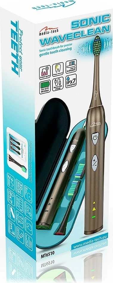 Furçë dhëmbësh elektrike Media-Tech MT6510, sonike, me bateri të integruar, e zezë, set me 2 koka dhe kuti udhëtimi