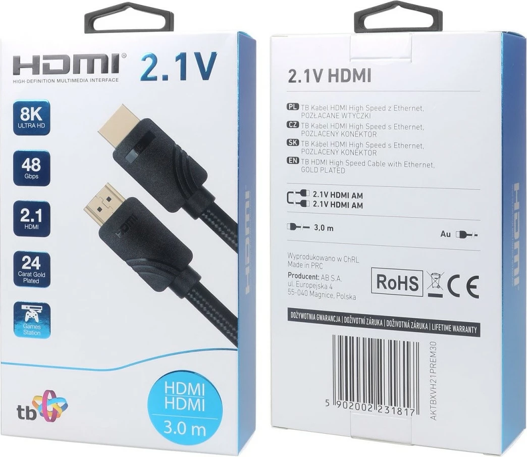 Kabllo HDMI TB v2.1, 3 m, 8K, e zezë