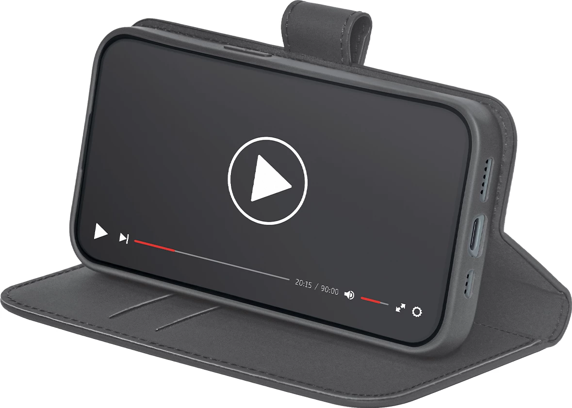 Mbështjellës Puro Booklet për iPhone 16e, eco-leather, me mbajtëse kartelash dhe qëndrim horizontal, e zezë