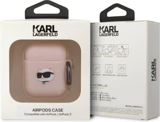 Mbështjellës Karl Lagerfeld Silicone Choupette Head 3D për AirPods 1/2, Rozë me unazë