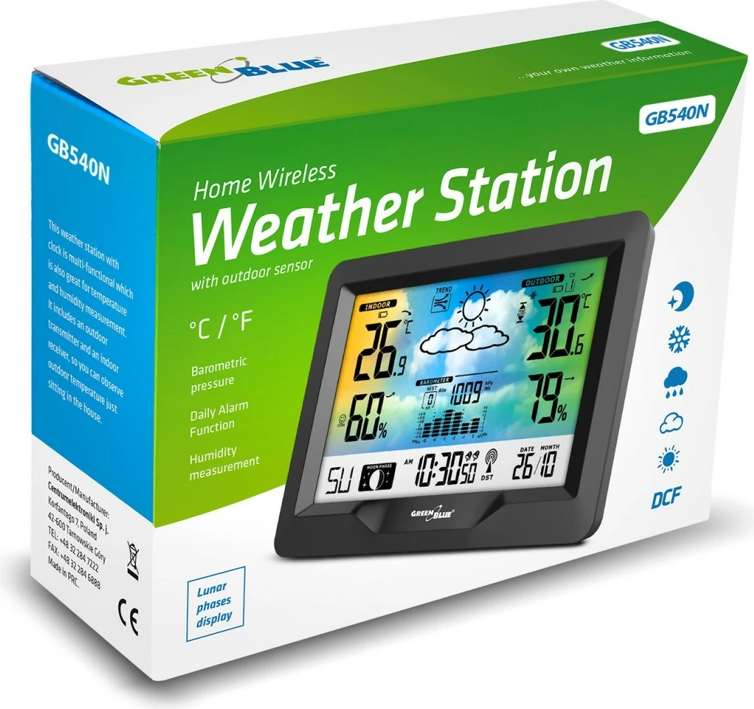Stacion moti pa tela GreenBlue GB540N me indikator komoditeti, matje lagështie, fazat e hënës, orë DCF, zi