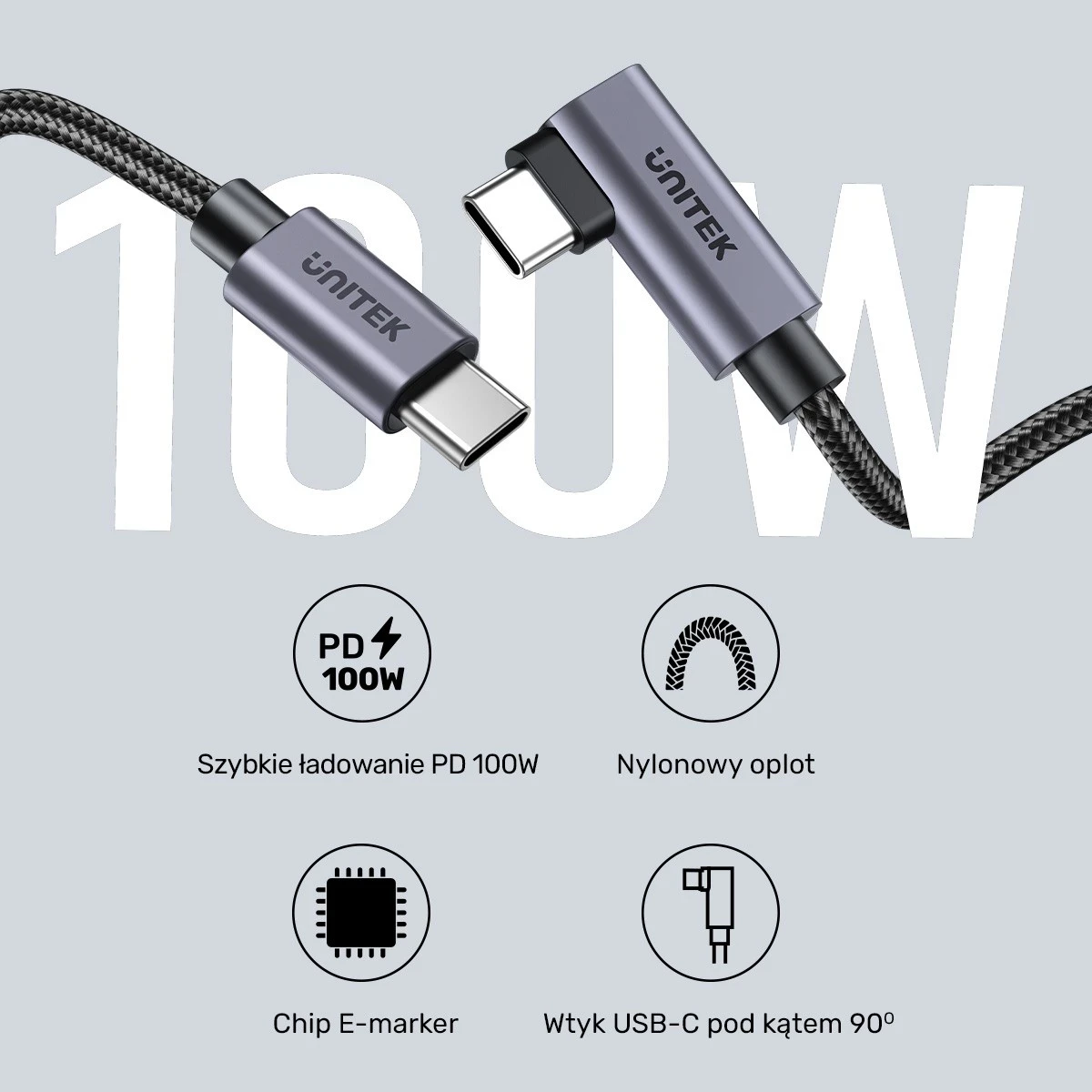 Kabull Unitek USB-C këndor 90° PD100W 3m, ngjyrë zi-hiri