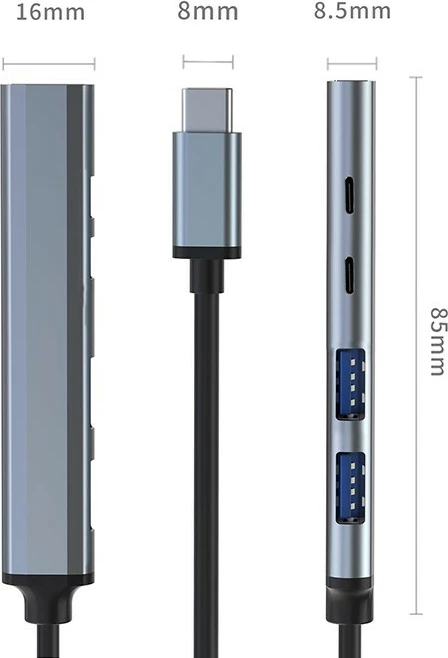 HUB USB-C Qoltec 53790, 5 porte, USB 3.0/2.0/USB-C/PD, grafit