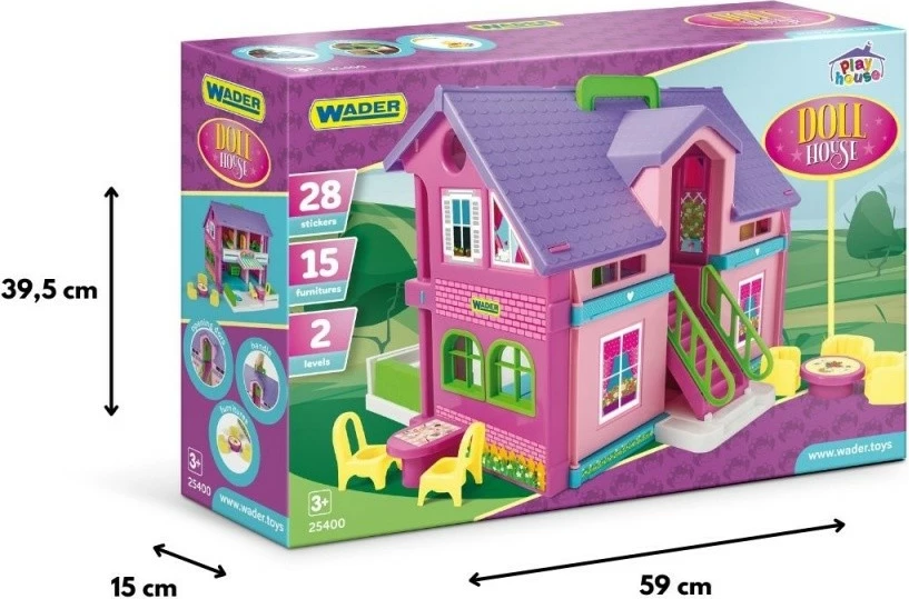 Shtëpi lodër për kukulla Wader Play House 25400, 37 cm, shumëngjyrëshe, set me 14 mobilje