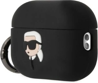 Mbështjellës Karl Lagerfeld për AirPods Pro 2, silikon, i zi, me unazë