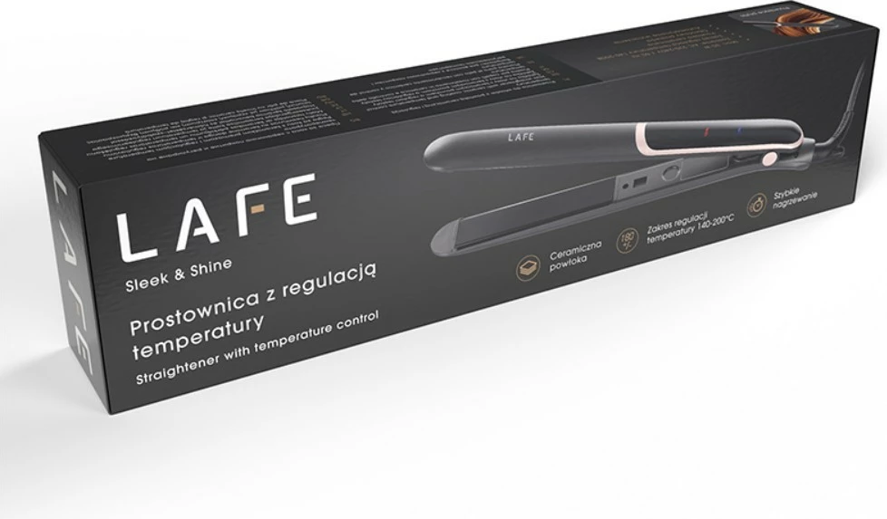 Drejtues flokësh, Lafe, Sleek & Shine LAFPST47570, veshje qeramike, 140–200°C, 35 W, kontroll temperature, i zi