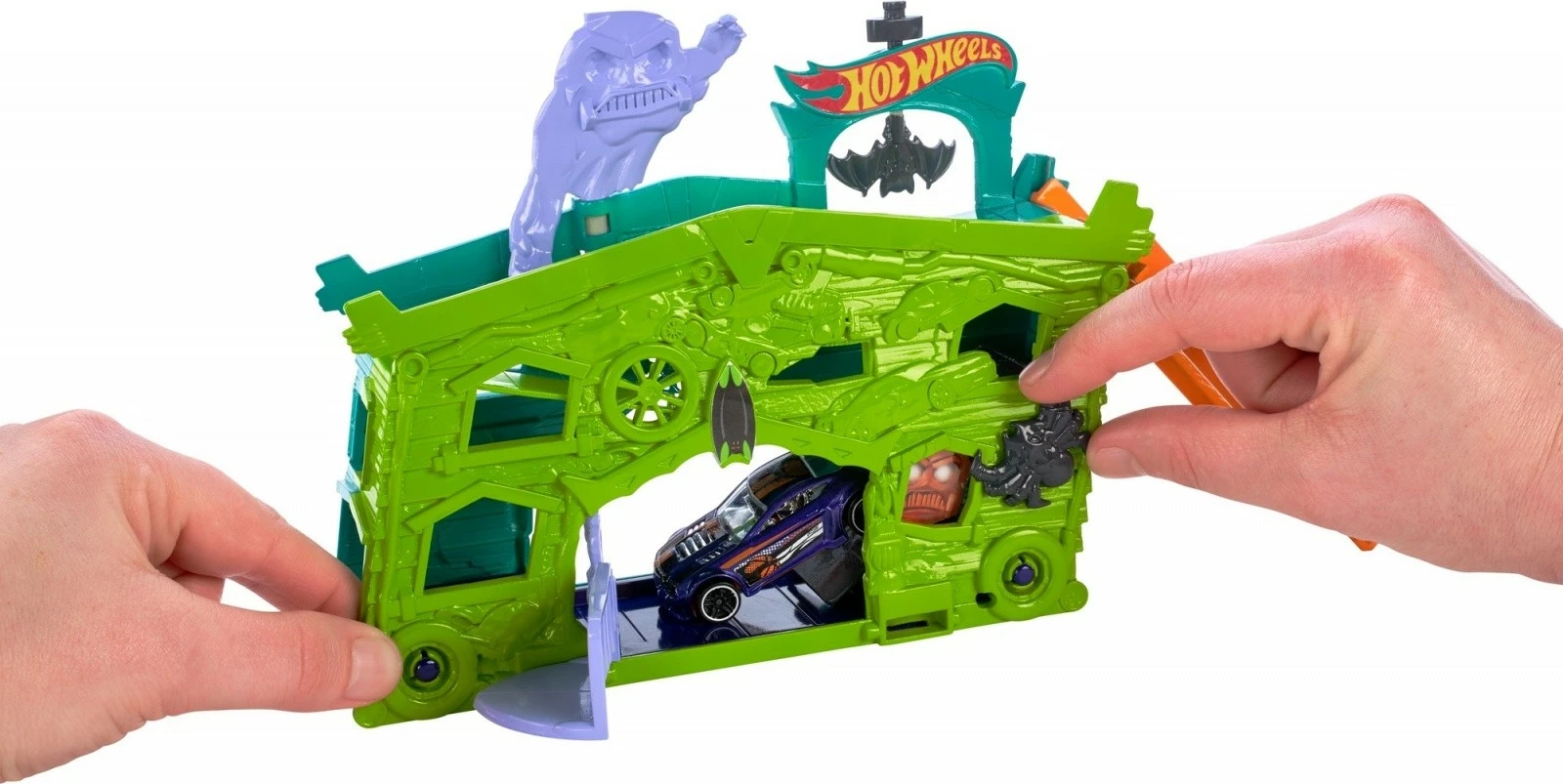 Set garazh lodër Hot Wheels Haunted Garage FJN34/FJN38, me veturë, Jeshile/Portokalli/Vjollcë