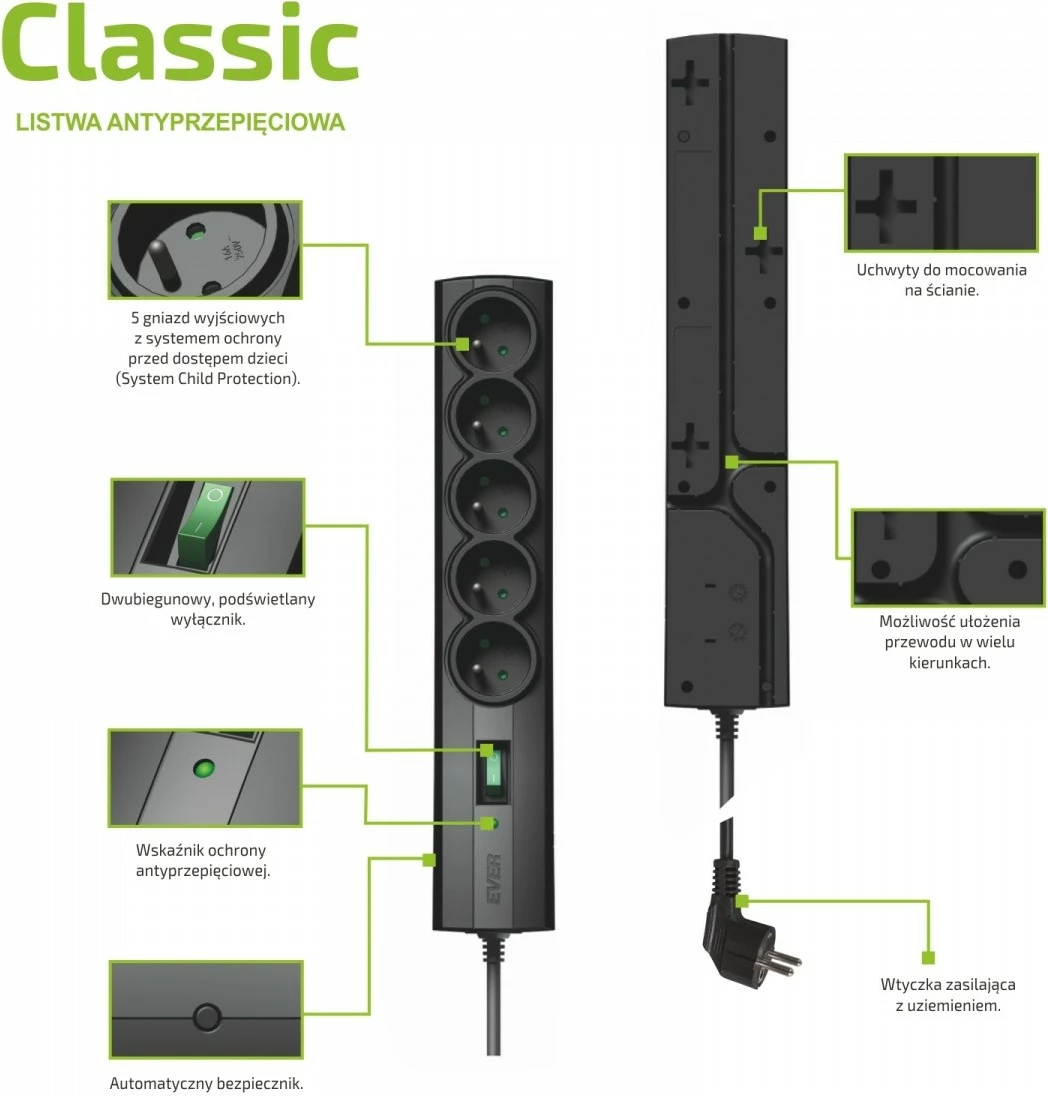 Prizë mbrojtëse EVER Classic T/LZ09-CLA050/0000, 5 dalje, 5m, e zezë