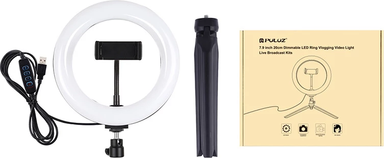 Ring light Puluz PKT3073B me tripod dhe mbajtës telefoni, 20cm, LED, USB, e bardhë