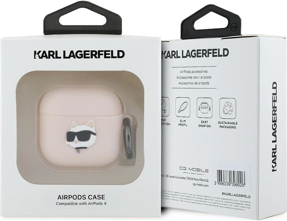 Mbështjellës Karl Lagerfeld për AirPods 4, Silicone Choupette Head 3D, Rozë