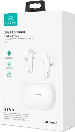 Kufje TWS USAMS SM Series BHUSM01, Bluetooth 5.0, të bardha me kuti karikimi