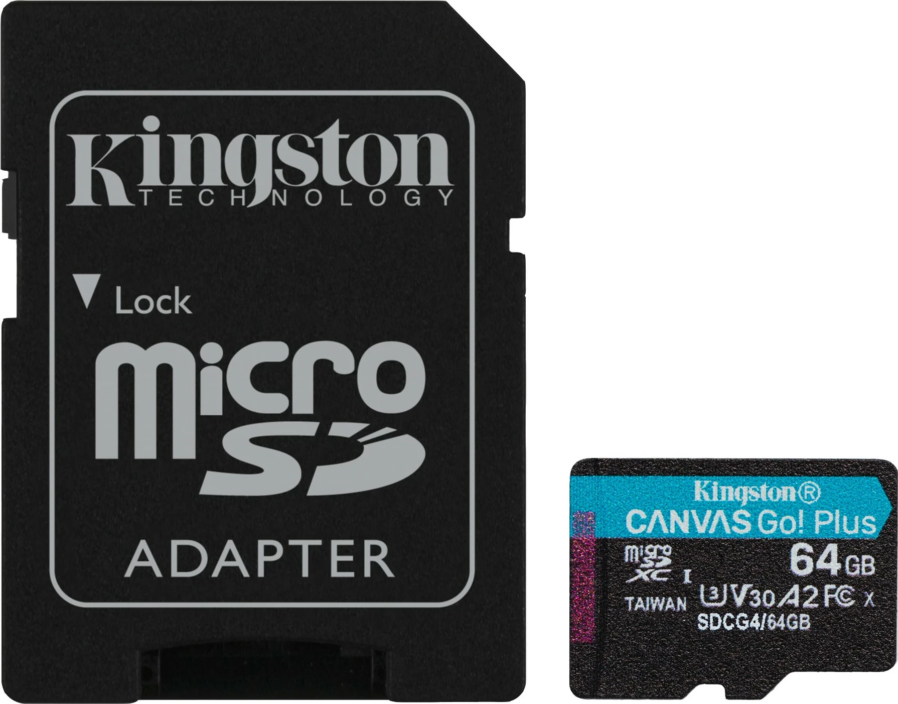 MicroSD kartelë Kingston Canvas Go Plus 64GB, A2, U3, V30, me adapter, e zezë/turkeze