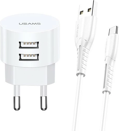 Karikues muri USAMS T20 me 2xUSB 2.1A dhe kabllo microUSB, Bardhë