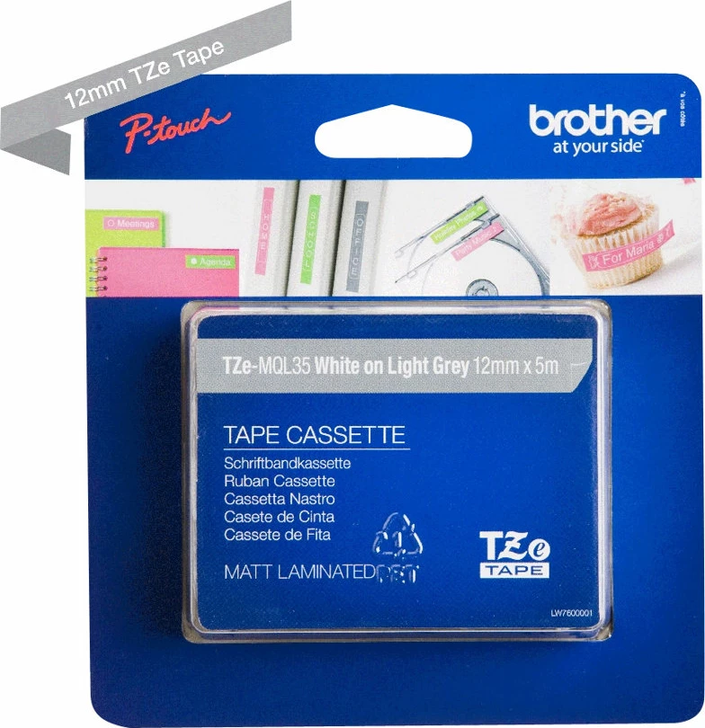 Kasetë etiketuese Brother TZe-MQL35, 12mm x 5m, e bardhë mbi gri, për P-touch