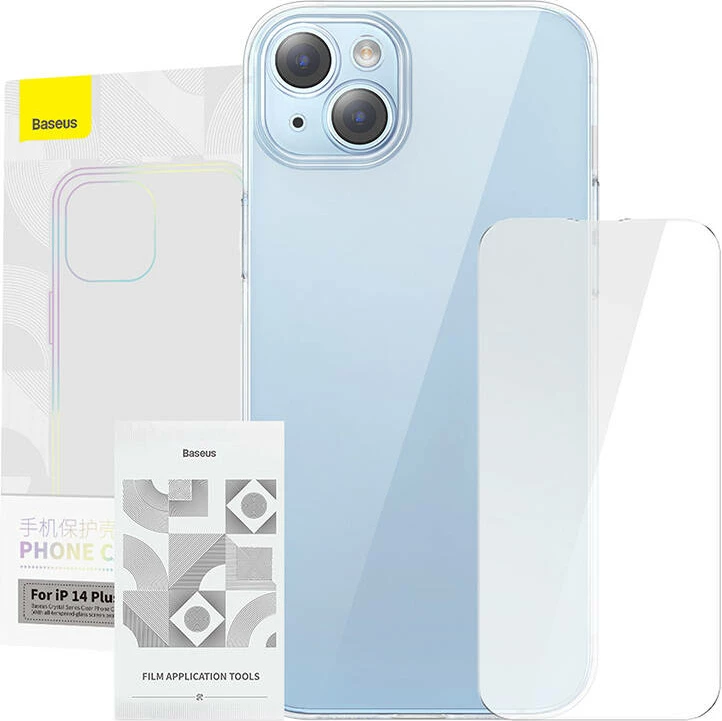 Mbështjellës Baseus Crystal Series për iPhone 14 Plus me xham të temperuar, Transparent