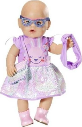 Set veshjesh për kukulla BABY born Zapf, 43cm, fustan me sekuenca, çantë, maskë, shirit dhe çizme, vjollcë