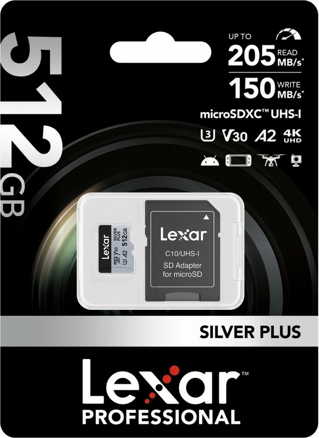 Kartë memorjeje microSD Lexar LMSSIPL512G-BNANG 512GB C10 A2 U3 V30 205/150MB/s Silver Plus, argjendtë, me adapter SD