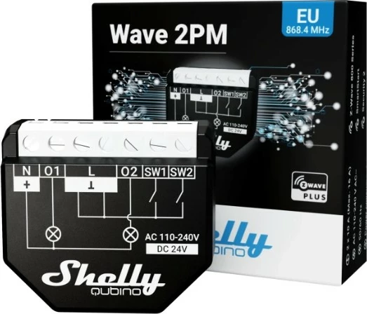 Smart switch Shelly Qubino WAVE 2PM, Wireless, 25 dBmW, Z-Wave, 868.4 MHz, e zezë