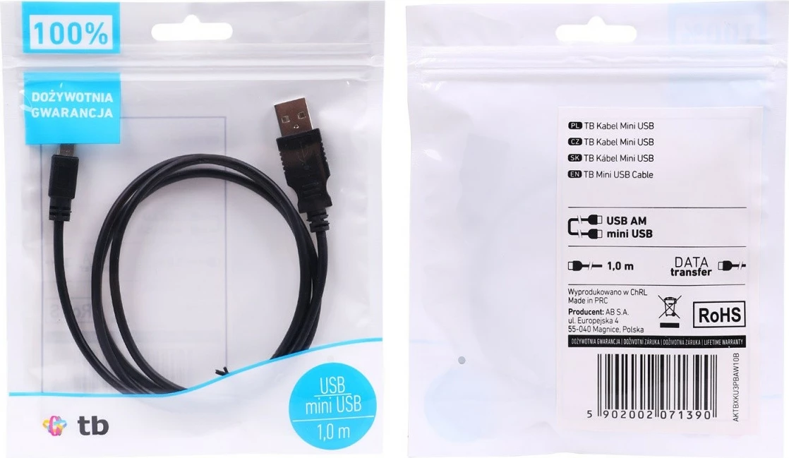 Kabllo USB TB AKTBXKU3PBAW10B, Mini USB, 1m, e zezë