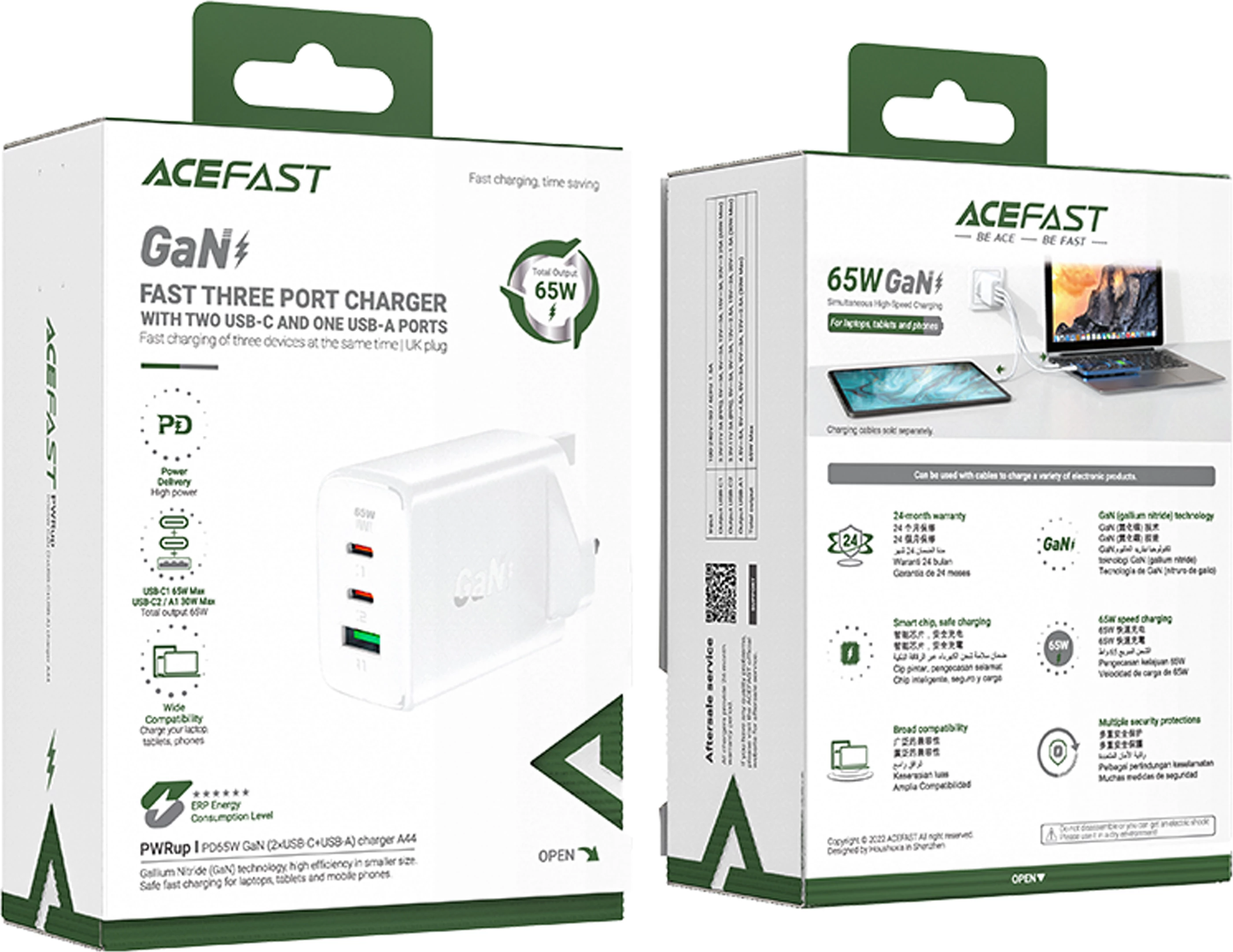 Karikues muri Acefast A44, 65W, 3 porta (2xUSB-C, 1xUSB-A), GaN, prizë UK, Bardhë