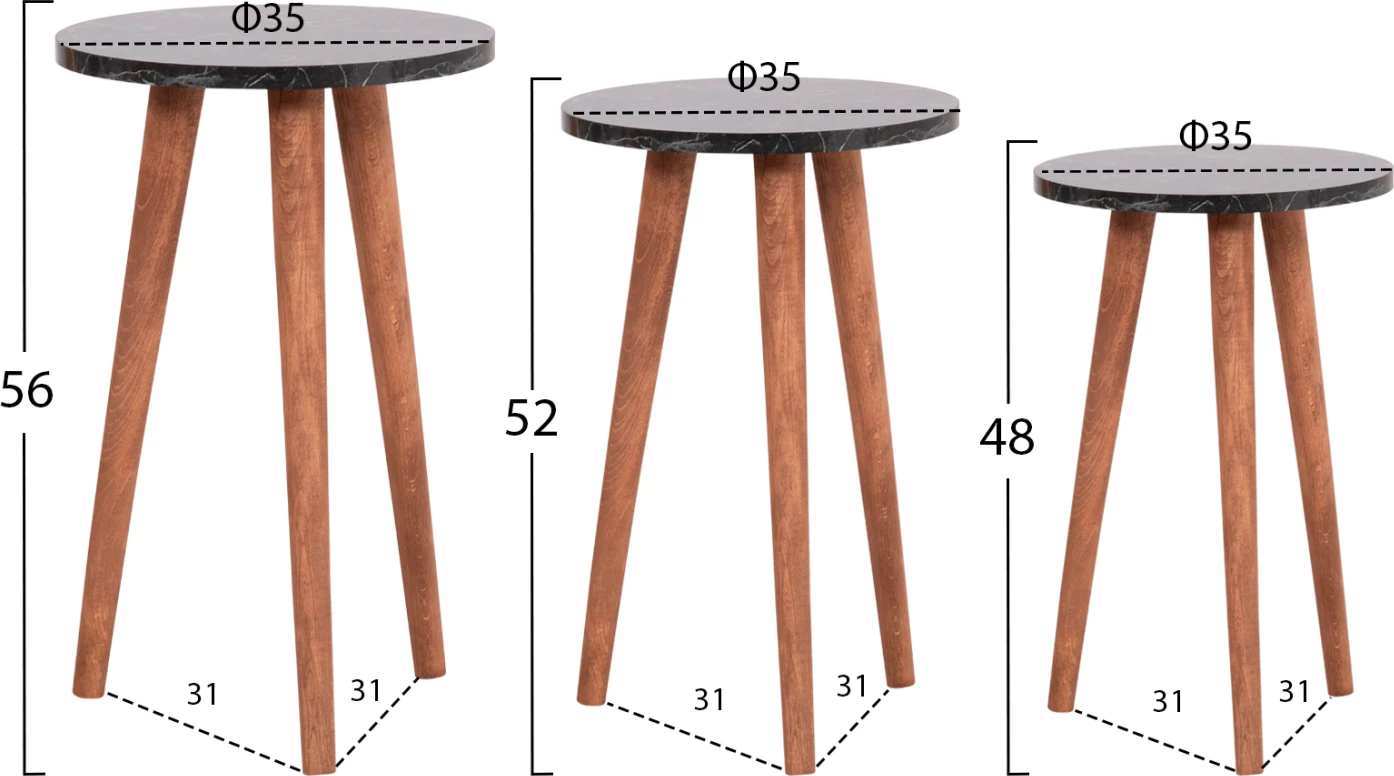 Set tavolinash kafeje dhe 3 tavolina anësore VITAL FH18180.02 melaminë, ngjyrë mermeri të zi, këmbë druri ngjyrë arre