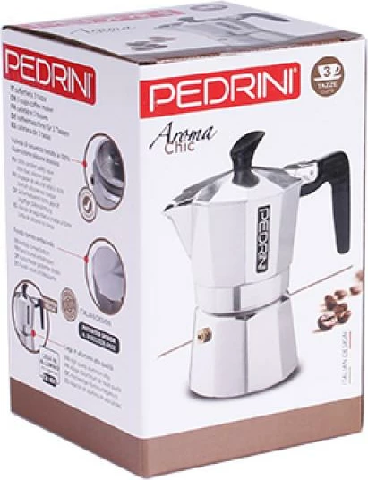 Kafeteri moka, PEDRINI, 90833, 3 filxhanë, alumin i lëmuar, argjendtë e zezë