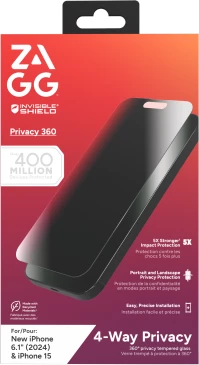 Mbështjellës xhami Zagg InvisibleShield Glass Elite Privacy 360 për iPhone 15/16, Transparent/Black