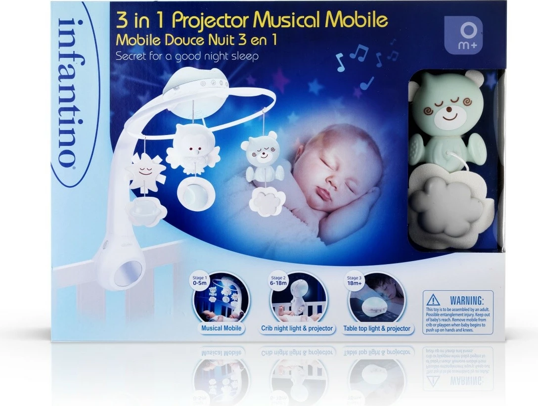 Karusel muzikor 3-në-1 për fëmijë B-kids Infantino, projektor, llambë nate, jeshil/bardhë