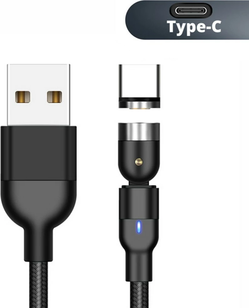 Kabllo magnetike USB-A në USB-C, Maclean, MCE475, 2m, këndore me lidhës rrotullues, e zezë