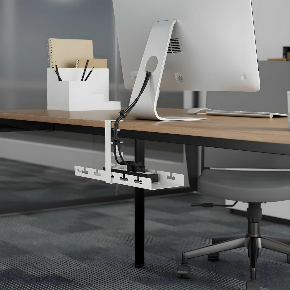 Organizues kabllosh nën tavolinë, Maclean MC-105W, 40 cm, ngarkesë 5 kg, montim me kapëse, i bardhë