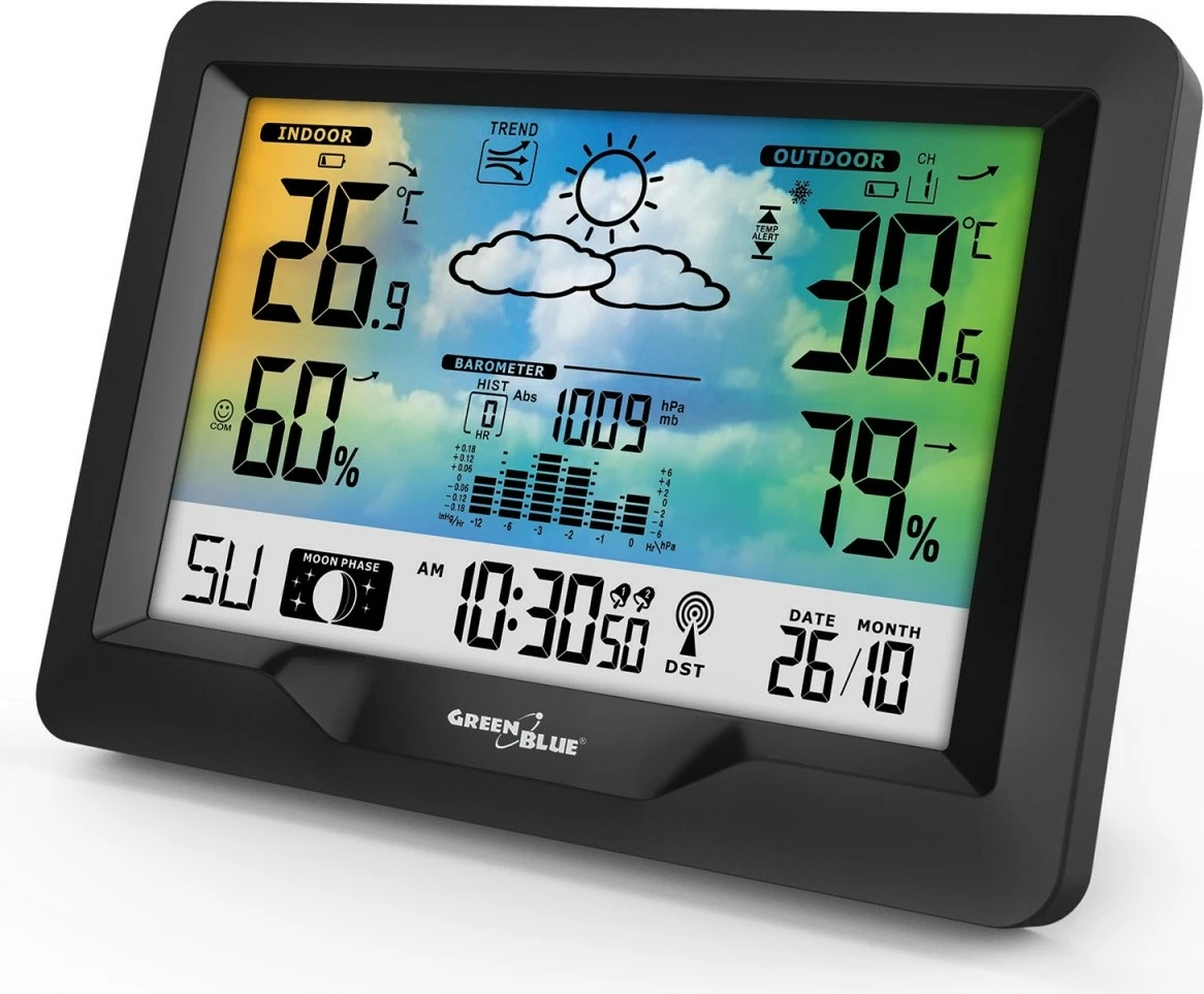 Stacion moti pa tela GreenBlue GB540N me indikator komoditeti, matje lagështie, fazat e hënës, orë DCF, zi