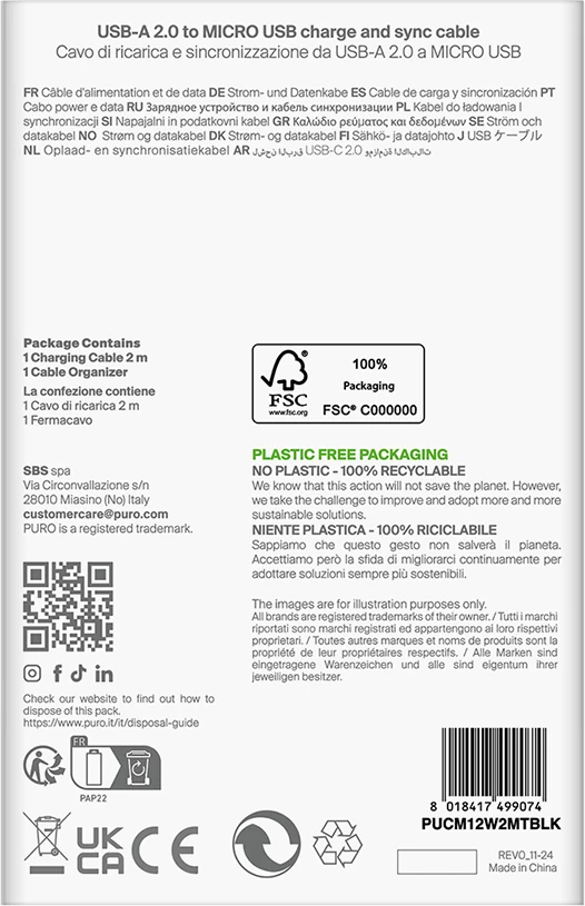 Kabllo Puro USB-A në microUSB, 2m, 12W, e zezë