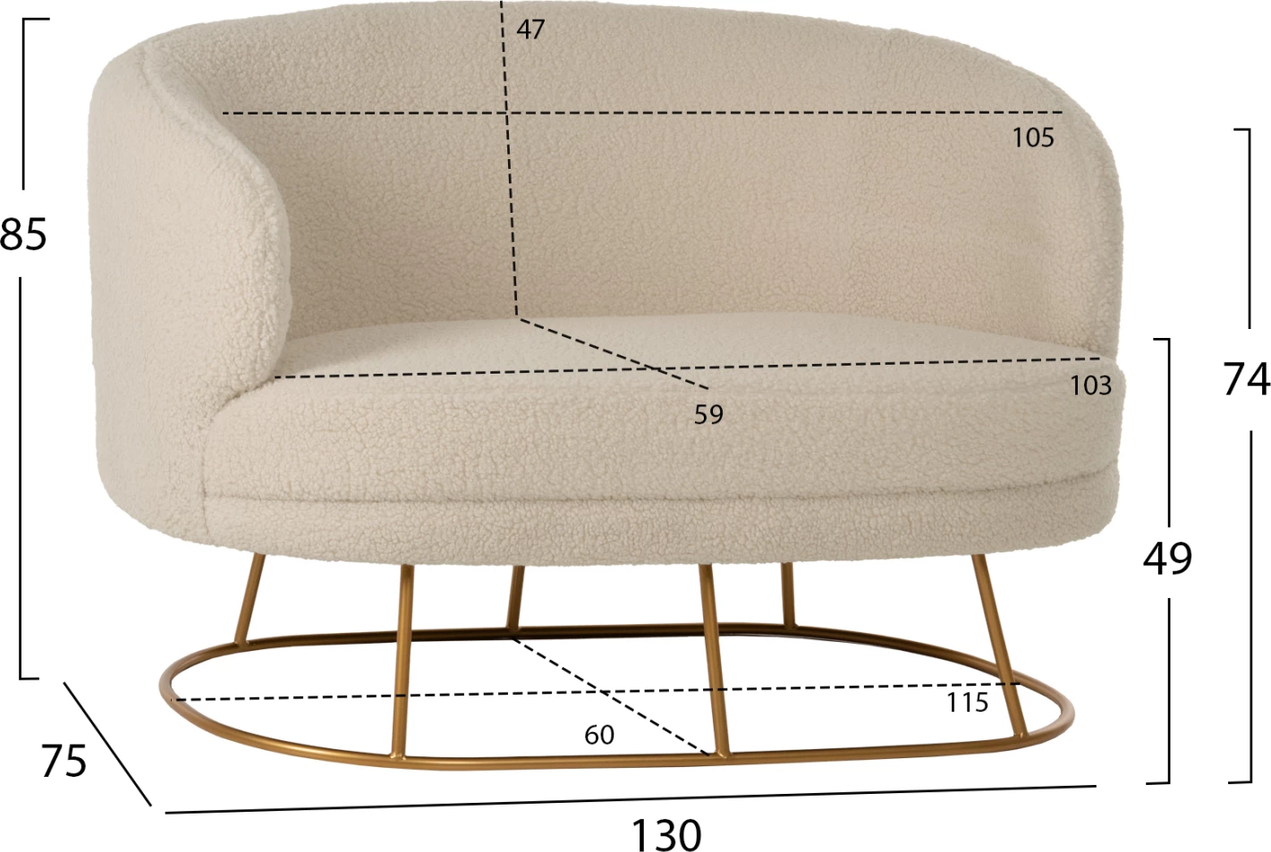 Divan dy vendësh ARIEN FH8492.20 pëlhurë boucle ngjyrë krem dhe bazë metalike e artë 130x75x85Hcm