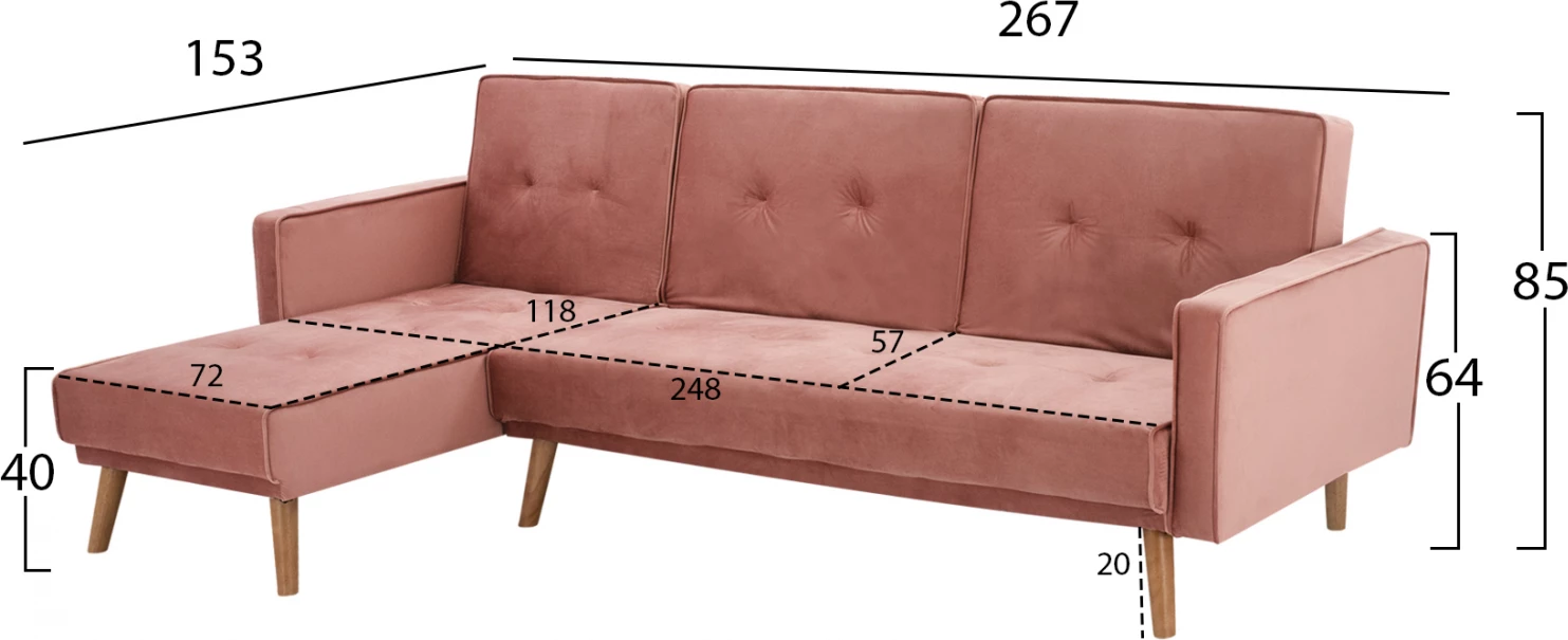 Divan qoshe i kthyeshëm TALIA FH3153.02 kadife në ngjyrë rozë e pluhurosur 267x153x85 cm