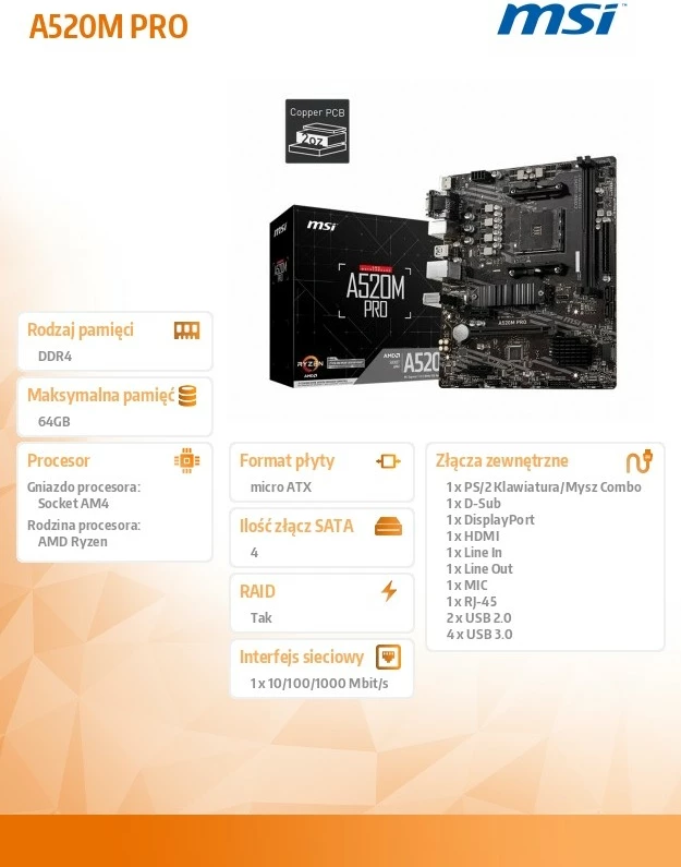 Pllakë amë MSI A520M PRO, Socket AM4, mATX, 2x DDR4, HDMI, DP, VGA, USB 3.2, E zezë