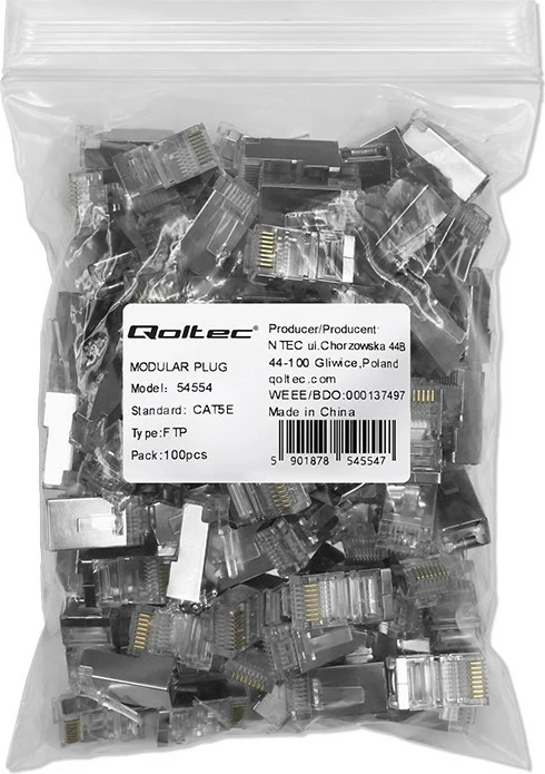 Set lidhës modular RJ45 Qoltec 54554, CAT5e, FTP, 100 copë