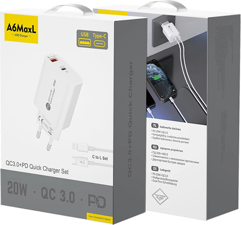 Karikues muri Hurtel A6MaxL, 20W, 2 porta USB-A + USB-C, me kabllo USB-C në Lightning 1m, Bardhë