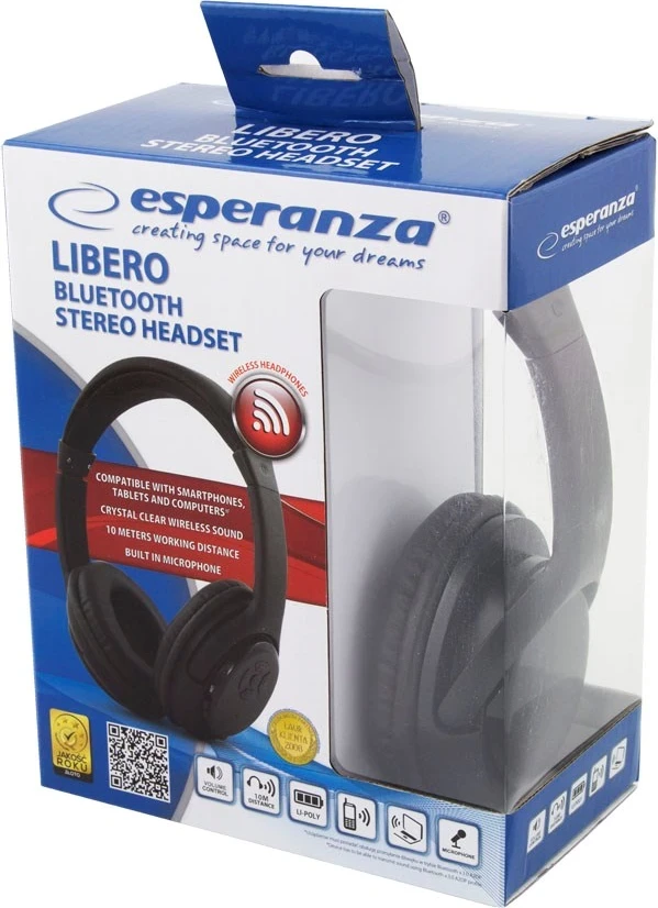 Kufje wireless Esperanza Libero EH163K, head-band, Bluetooth, 10 orë, e zezë