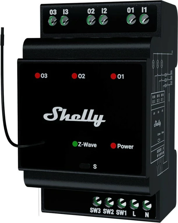 Relé i mençur Shelly Wave Hutschiene Pro 3, 3x16A, Z-Wave, e zezë
