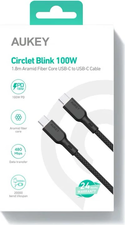 Kabllo AUKEY CB-KCC102 USB-C në USB-C, 1.8m, 100W, Kevlar, E zezë