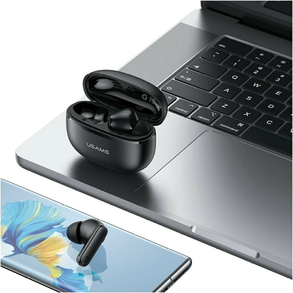 Kufje TWS Bluetooth, USAMS E05 USA001683, mikrofon, kontroll zëri, USB-C, e zezë